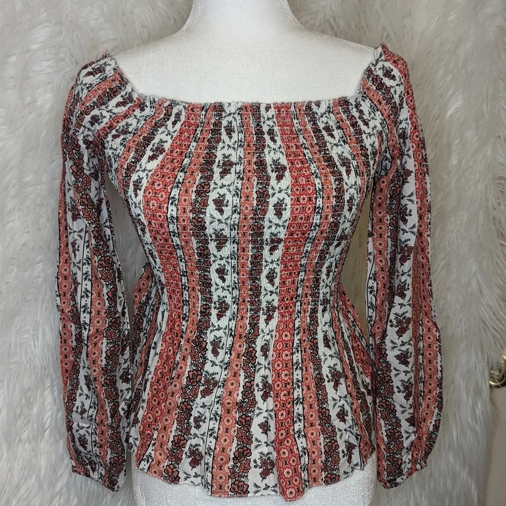 Japna ☆ NWT Women's XS Boho Floral Pleated Long Sleeve Top Flared Bottom - Picture 7 of 9